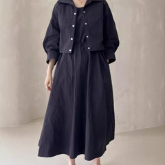church outfit Chic Autumn Retro Elegant Drawstring Waist Strap Dress + Loose All-Match Long Sleeve Short Coat for Women