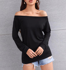 2000s fashion Spring and Summer Women's Long-Sleeved off-Shoulder Solid Color Top T-shirt