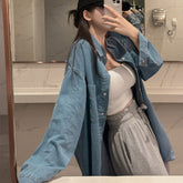 thanksgiving outfit black women Retro Simple Loose Mid-Length Washed Denim Shirt Drop-Shoulder Sleeve Casual Korean Style Denim Coat