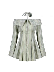BXOXO Striped Off Shoulder Lapel Neck Long Sleeve Blouse