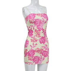 hoco dresses Women's Bright Printed Sling off-Neck Low-Cut Waist Tight Hip Sexy Hot Girl Short Dress