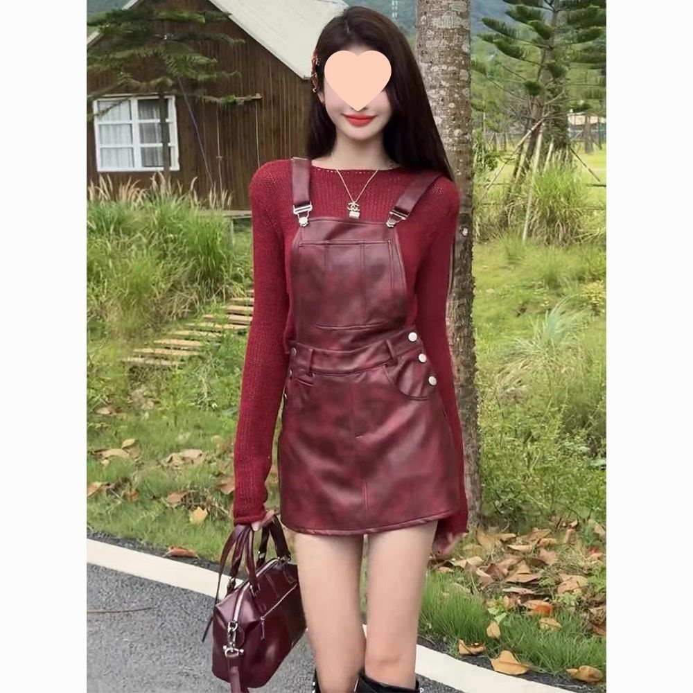 90s fashion American Temperament Strap Dress Women's Clothing Early Autumn New Long-Sleeved Sweater Hot Girl Niche Leather Skirt Fashion Suit