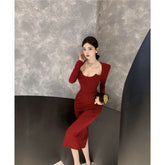2000s fashion Autumn and Winter New French Long Sleeve Dress Women's High-Grade Elegant Dress Slim Split Hip Skirt