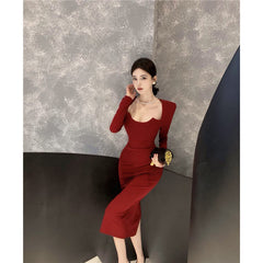 2000s fashion Autumn and Winter New French Long Sleeve Dress Women's High-Grade Elegant Dress Slim Split Hip Skirt