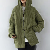 outfit inspo Retro Green Horn Buckle Twist Sweater Coat for Women Spring and Autumn Loose Lazy Hooded Knitted Cardigan Thickened Upper