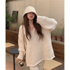 2000s fashion Korean Style Lazy V-neck Pullover Split on Both Sides Slimming Long Sleeve Sweater