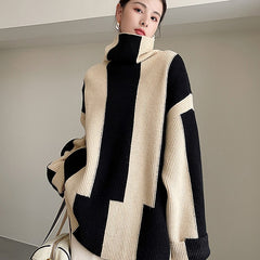 2000s fashion Women's Turtleneck Sweater Spring and Autumn 2024 New Lazy Style Loose Color Matching Striped Mid-Length Warm Knitted Top