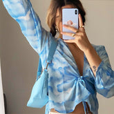 fruitful fashion dress to impress 2024ins Cloud Print Sexy V-neck Chest Front Lace-up Lantern Sleeve Short Chiffon Shirt