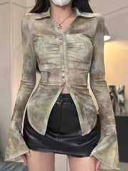 fashion outfits Sexy See-through Mesh Blouse Long-Sleeved Shirt Women's Spring and Summer Fashion Waist-Tight Split Top