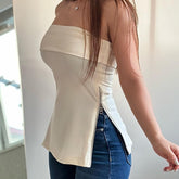 going out outfits Women's New White Apricot Sexy Side Slit Tube Top