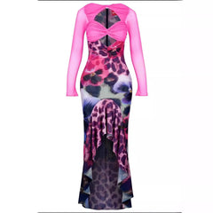 90s fashion 2024 Summer Women's Clothing Mesh Fishtail Ruffled Printed Slimming Sexy Style Dress