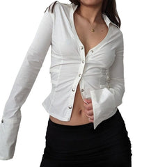 skirt outfits Women's Basic Single-Row Buckle Waist-Tight Loop Shirt Early Autumn New Sexy Polo Long-Sleeved Top