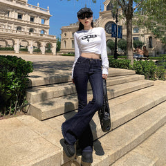 casual dinner outfit fall American Retro Hot Girl Micro Flared Jeans Women's Autumn and Winter Slim-Fit Horseshoe Pants