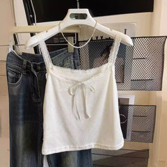 y2k outfits Lace Camisole Women's White Navel Top Women's Lace Bow Slim Summer Small Camisole