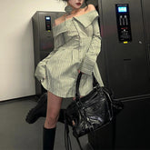 BXOXO Striped Off Shoulder Lapel Neck Long Sleeve Blouse