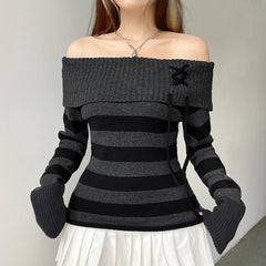 long sweater dress outfit Y2k Retro Fashion Color Matching Striped Flanging off-Shoulder Chic Lace-up Sweater Personalized Waist Slimming Sweater