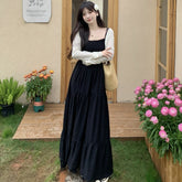 church outfit Spring/Summer New French Retro Hepburn Style Holiday Black Suspender Dress + Cardigan Two-Piece Set