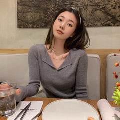 outfit inspo Korean Style Polo Collar Sweater Women's New Design Double Collar Chic Early Autumn Chic Top Bottoming Shirt