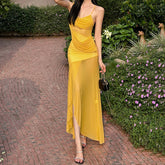 funky yellow sunglasses Style Summer New Women's Clothing Solid Color Slim High Waist Fashion Sling Sleeveless Gauze Dress