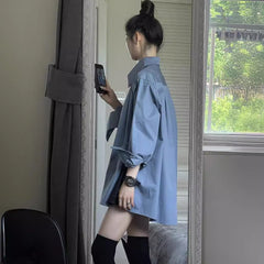 outfit inspo Haze Blue Casual Long-Sleeved Shirt Women's Loose Lazy Style Spring New High-Grade Stacked All-Match Temperament Top