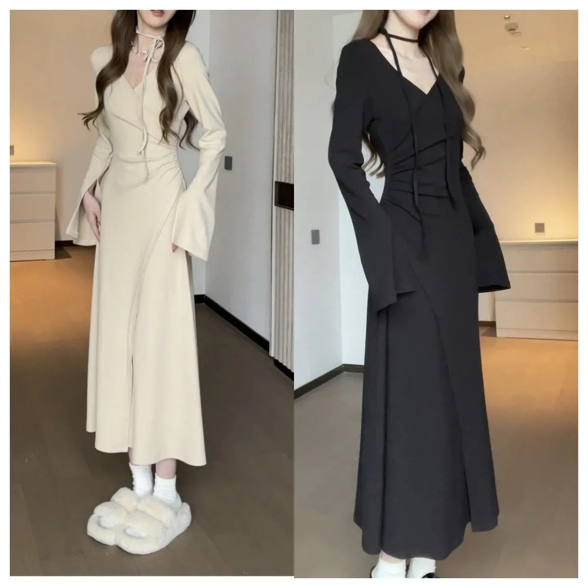 supernatural dress to impress Girl Style V-neck Irregular Waist Pleated Long Sleeve Lace-up Dress Slimming Autumn New Dress
