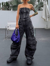 usher concert outfit ideas New Fashion Street Style Tube Top Tight Waist Slimming Hot Girl Multi-Pocket Denim Overalls Jumpsuit