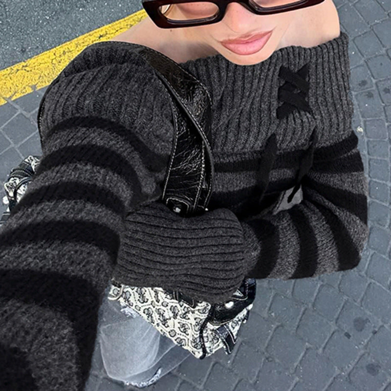 long sweater dress outfit Y2k Retro Fashion Color Matching Striped Flanging off-Shoulder Chic Lace-up Sweater Personalized Waist Slimming Sweater