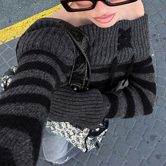 long sweater dress outfit Y2k Retro Fashion Color Matching Striped Flanging off-Shoulder Chic Lace-up Sweater Personalized Waist Slimming Sweater