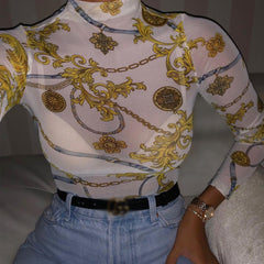 2000s fashion Mesh Printed Bottoming Shirt Top