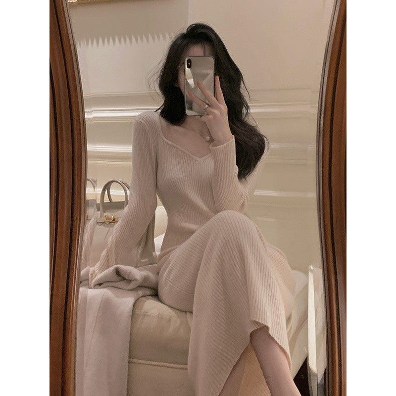 2000s fashion Gentle Hepburn Style Square Collar Knitted Dress Women's Autumn and Winter New Style with Overcoat Slim Fit Slimming Inner Sweater Dress