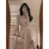 2000s fashion Gentle Hepburn Style Square Collar Knitted Dress Women's Autumn and Winter New Style with Overcoat Slim Fit Slimming Inner Sweater Dress