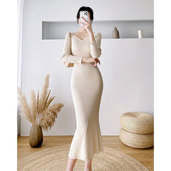 2000s fashion Gentle Hepburn Style Square Collar Knitted Dress Women's Autumn and Winter New Style with Overcoat Slim Fit Slimming Inner Sweater Dress