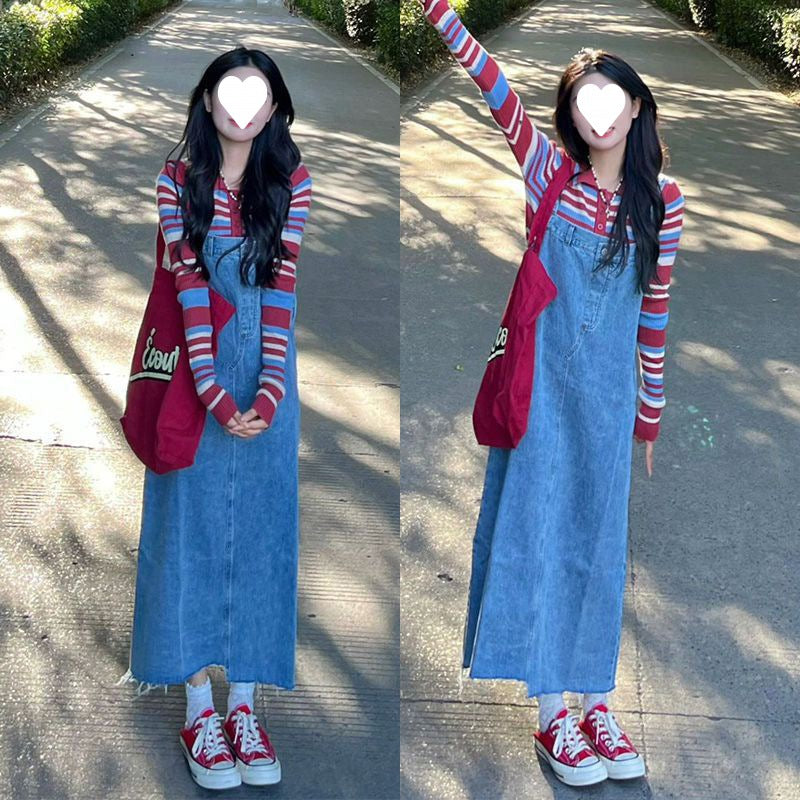 90s fashion Spring Denim Suspender Skirt Two-Piece Suit Female Sweet Gentle Korean Drama French Chanel Style Dress