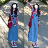 90s fashion Spring Denim Suspender Skirt Two-Piece Suit Female Sweet Gentle Korean Drama French Chanel Style Dress