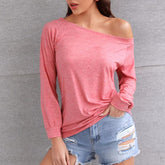 2000s fashion Spring and Summer Women's Long-Sleeved off-Shoulder Solid Color Top T-shirt