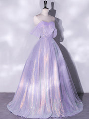 BXOXO Purple A-Line Tulle Sequin Long Prom Dress, Purple Sequin Long Formal Dress