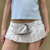 2000s fashion Sexy Hot Girl Low Waist Skirt American Belt Slim Slimming A- line Skirt 2024 Pure White Pleated Skirt