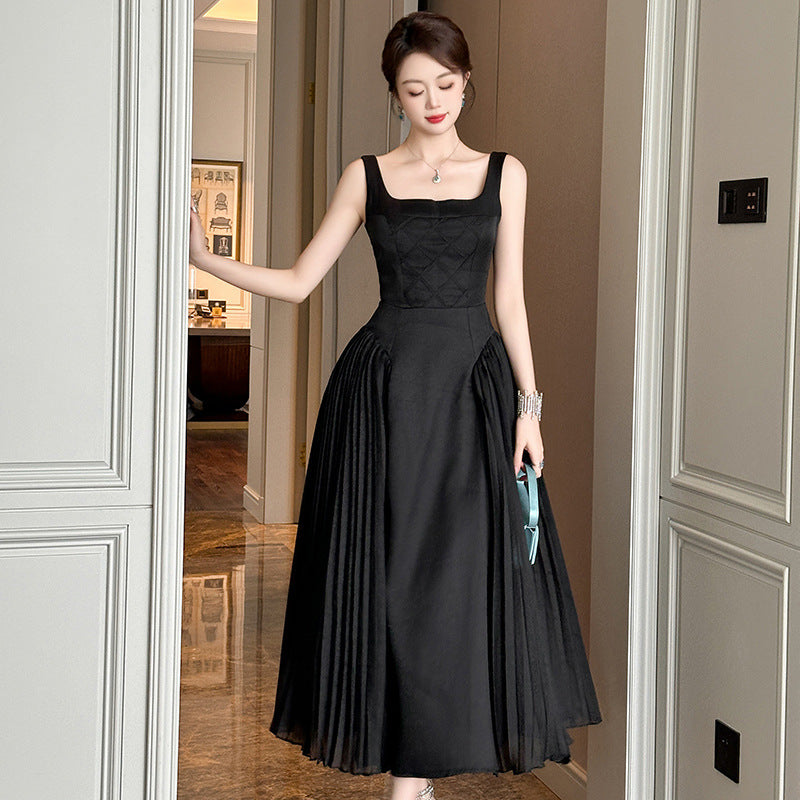 supernatural dress to impress Hepburn Style Black Dress Summer New Women's French Square Collar Tight Waist Pleated Dress