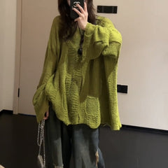 grunge outfits Cotton Tea Green Knitted Sweater Slimming Long Sleeve Green Retro Niche Loose Design Sweater Autumn 2024