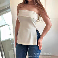 going out outfits Women's New White Apricot Sexy Side Slit Tube Top