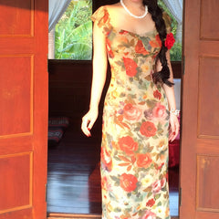 90s fashion 2024 New Spring and Summer Bright Flower Women's French Retro Waist-Tight Dress Long