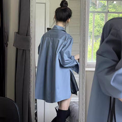 outfit inspo Haze Blue Casual Long-Sleeved Shirt Women's Loose Lazy Style Spring New High-Grade Stacked All-Match Temperament Top