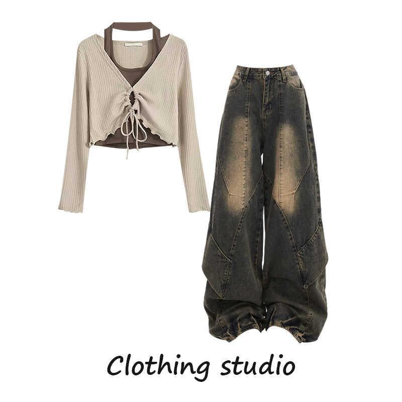 shamar Retro Hong Kong Style Wear a Whole Suit Two-Piece Halter Top with Casual Jeans Two-Piece Set