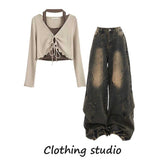 shamar Retro Hong Kong Style Wear a Whole Suit Two-Piece Halter Top with Casual Jeans Two-Piece Set