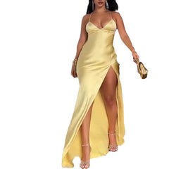 funky yellow sunglasses Women's Summer New Strap V-neck Satin Split Sexy Backless Dress Close-Fitting Hot Girl