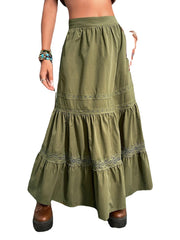 skirt outfits Women's Solid Color Retro Lace Stitching A- line Midi Skirt