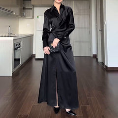 black sweater dress outfit Women's Autumn Solid Color Lapel Elegant Lace-up Slim Fit Dress Women