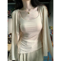 fashion outfits Sweet Hot Girl Hollow-out Knitted Cardigan Two-Piece Women's Summer Outdoor Air Conditioning Blouse Long Sleeve Top Clothes