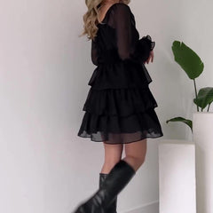 leapord halloween outfit Fall French Retro Square Collar Slim-Fit Long Sleeve Cake Dress