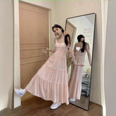 church outfit Pink Strap Dress Women's Summer New Tight Waist Skirt Small French Gentle Style A- line Dress Long Skirt